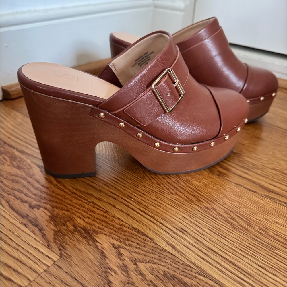 LOFT Brown Leather Mules with Gold Accents